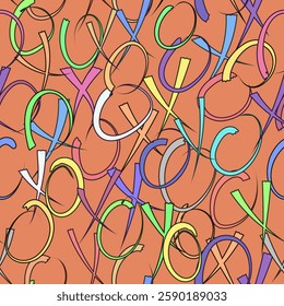 seamless abstract vector pattern with the image of multi-colored x and o signs on a light brown background, for the decoration of prints on fabrics, covers and for the design of motley abstract scenes