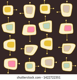 Seamless abstract vector pattern with irregular random square shapes on black. 70s fashion. 