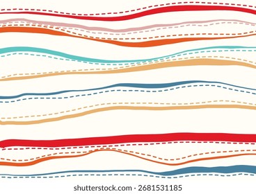 Padrão de vetor abstrato sem emenda com listras onduladas irregulares e linhas pontilhadas em cor, ideal para fundos e design têxtil.