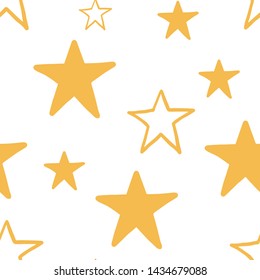 Seamless abstract vector pattern on white background. Yellow filled and yellow contoured stars. Happy festive illustration. Colourful confetti. Perfect for wallpaper or fabric.