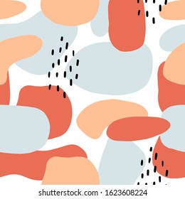 Seamless abstract vector pattern on white background. Blue, red, beige spots and black brushstrokes. Simple camouflage illustration. Modern ornament. Perfect for wallpaper or fabric.