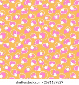 Seamless abstract vector pattern with playful hand drawn circles and floral shapes in pink, white and yellow orange. Design for textiles, wrapping paper, and modern backgrounds