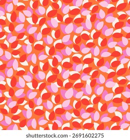Seamless abstract vector pattern with red, pink, and cream petal shapes on a bright orange background. Vibrant modern design for textiles, wrapping, and home decor