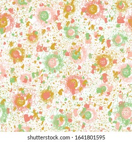 Seamless abstract vector pattern with scattered shapes and lines in pink yellow green on white background