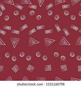 A seamless abstract vector pattern with simple geometric linear shapes on a burgundy red background. Surface print design. Great for textiles, cards and gift wrap