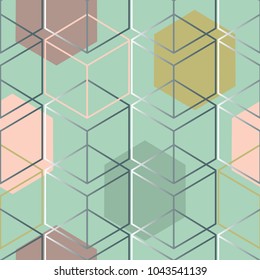 Seamless abstract vector pattern with squares with lines and colored hexagons.