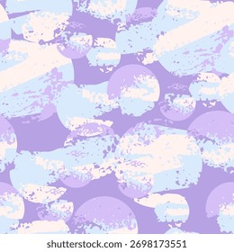 Seamless abstract vector pattern with textured circular shapes in pastel lilac, cream, and blue tones. Soft artistic design for fabric, wrapping, and interior decor