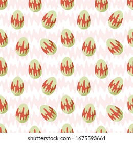 Seamless abstract vector pattern. Traditional colored red and green eggs isolated on white background. Pink horizontal zigzag. Simple Easter illustration. Perfect for wallpaper or fabric.