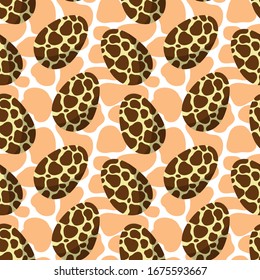 Seamless abstract vector pattern. Traditional colored eggs isolated on white background. Giraffe ornament and beige spots. Simple Easter illustration. Perfect for wallpaper or fabric.