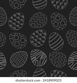 Patrón vectorial abstracto sin inconvenientes. Huevos de color blanco tradicionales aislados en el fondo negro. Simple ilustración monocromática de Pascua.