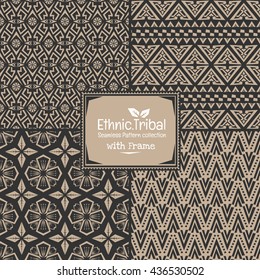 Seamless abstract vector pattern tribal ethnic style collection in monochrome background with frame