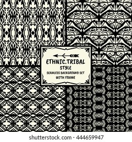 Seamless abstract vector pattern tribal ethnic style collection in monochrome background with frame