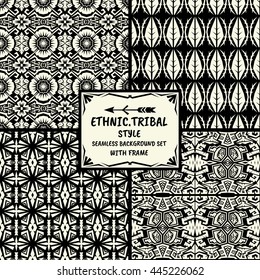 Seamless abstract vector pattern tribal ethnic style collection in monochrome background with frame