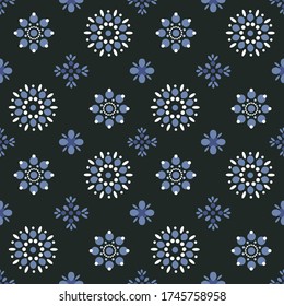 Seamless abstract vector pattern. Vintage folk print imitation printed fabric. For wear, fabric, textile, phone case, home textile. Simple pattern made up of circles on a dark background