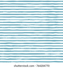 Seamless Abstract Vector Pattern With Vintage Scratched Texture. Blue Horizontal Hand Drawn Stripes On White Background.