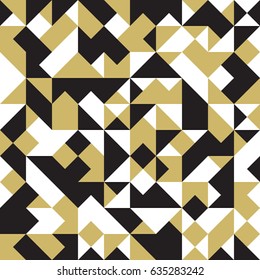 Seamless abstract vector pattern with white, black and gold triangles.