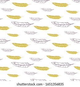 Seamless abstract vector pattern. Yellow filled and purple contoured quills isolated on white background. World writer's day. Geomertical illustraton. Perfect for wallpaper or fabric.