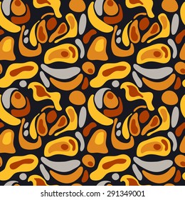 Seamless abstract vector pattern.   Yellow, orange and gray spots on a dark blue background. Creative texture. 