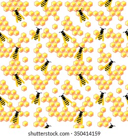 Seamless abstract vector pattern, yellow background with honeycombs and wasps