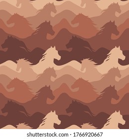 Seamless abstract vector pattern-a herd of horses. In shades of brown.