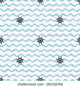 Seamless abstract vector pattern.Hand drawn helm steering wheel and blue stripes.Nautical summer hipster background.Design can be used for paper, wallpaper, textile, fabric.Vintage pastel retro color

