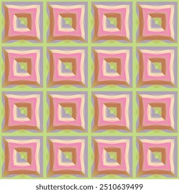 A seamless abstract, vector, plaid pattern featuring a captivating geometric design with layered squares in soft pastel shades. Perfect for modern design, background or home decor projects.