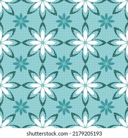 seamless abstract Vector textiles geometrical flower Pattern.new Creative spring,summer,white And dark cyan flower with gray polka dot used light cyan background colorful pattern.