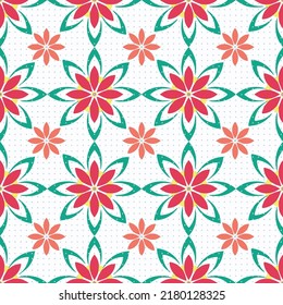 seamless abstract Vector textiles geometrical flower Pattern.new Creative spring,summer,red And green flower with light cyan polka dot used white  background colorful pattern.