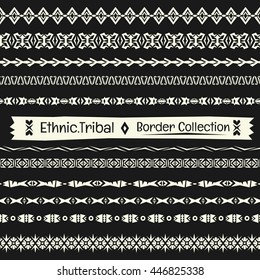 Seamless abstract vector Tribal border collection in monochrome background.Ethnic set pattern Boho style.
