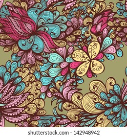 Seamless abstract vintage bright hand drawn floral pattern