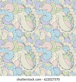 Seamless abstract vivid background with colorful ornament. Hand drawn illustration. Sea waves or clouds motif pattern with floral elements