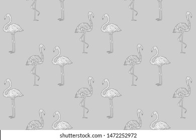 Seamless abstract wallpaper with flamingos. Hand drawn birds. Pattern for design. Black and white illustration