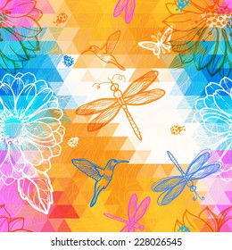 Seamless abstract wallpaper geometric pattern of triangles, flowers, butterflies, birds, dragonflies and beetles. Work of authorship mix of geometry and graphics.