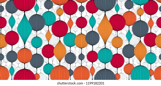 Seamless abstract wallpaper, pattern. Colorful garlands of bulk balls.