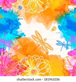 Seamless abstract wallpaper of watercolors of flowers, butterflies, birds, dragonflies and beetles. Drops and splashes of watercolor work of authorship