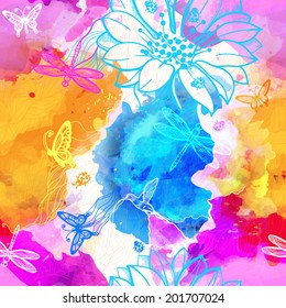 Seamless abstract wallpaper of watercolors flowers, butterfly, birds, dragonflies and beetles. Drops and splashes of watercolor work of authorship