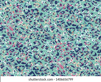 Seamless abstract watercolor colorful leopard pattern. Biscay green background