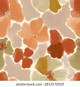 Seamless abstract watercolor floral pattern featuring soft terracotta, peach, cream, and sage blooms in a modern painterly style.
