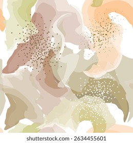Motif harmonieux abstrait à l'aquarelle avec des formes organiques douces et des tons pastel terreux. Calques de style transparents à l'aquarelle avec des accents en pointillés. Texture moderne sans fin pour tissu, fond d'écran, imprimés.