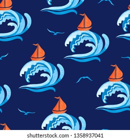 Seamless abstract watercolor sea pattern. Boats and waves. Vector marine illustration.