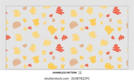 Seamless abstract watercolor splatter pattern with colorful organic shapes on transparent background