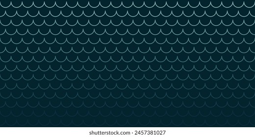 Seamless abstract wave background. Ornament in dark blue-green tones with gradient lines in doodle style. Vector Monochrome linear retro pattern of sea waves.