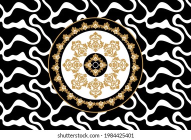 Seamless abstract wavy line with baroque pattern on a black background. EPS10 Illustration.