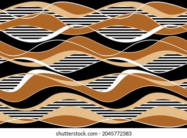 Seamless abstract wavy line with striped pattern on black.Vector Illustration.