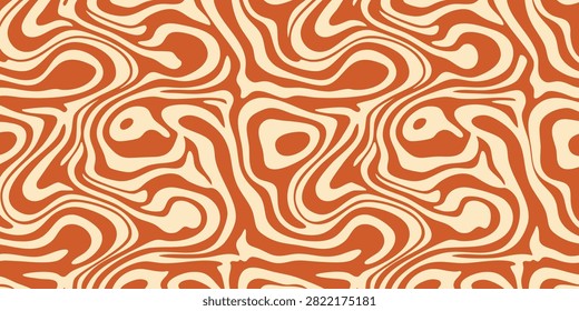 Seamless abstract wavy pattern with fluid curved lines in terracotta orange and cream retro style