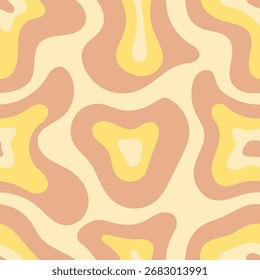 Seamless abstract wavy pattern with organic shapes in yellow, cream, and peach tones, evoking a retro groovy aesthetic.