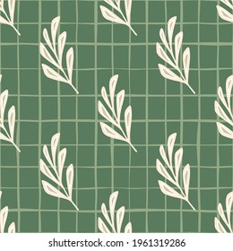 seamless abstract white and beige leaf branch element pattern. Green chequered background. Doodle style. Designed for fabric design, textile print, wrapping, cover. Vector illustration.