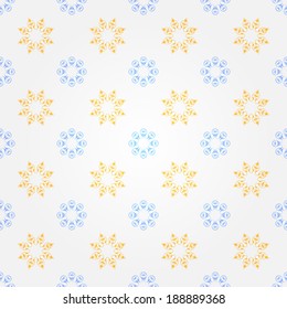 Seamless abstract white pattern with blue and yellow design elements. Vector illustration