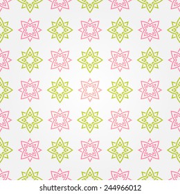 Seamless abstract white pattern with green and pink decorative elements. Vector illustration