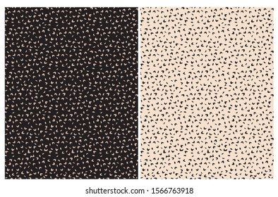 Seamless Abstract Wild Animal Skin Vector Patterns. Black Spots Isolated on a Beige Background. Light Brown Elements on a Black. Abstract Geometric Print Ideal for Fabric, Textile, Wrapping Paper.